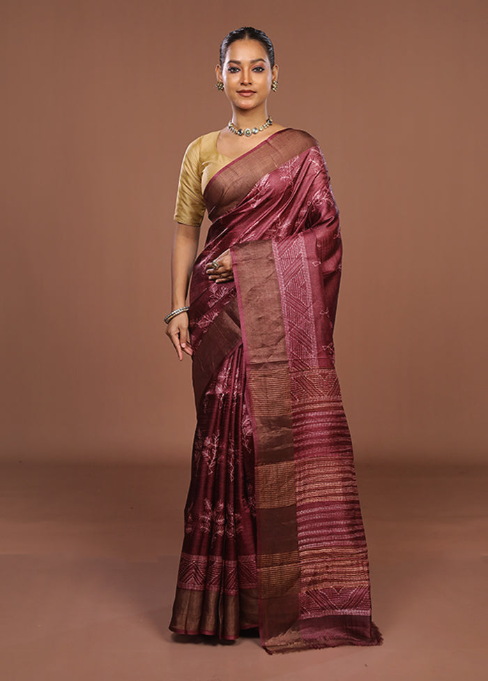 Purple Handloom Tussar Pure Silk Saree With Blouse Piece
