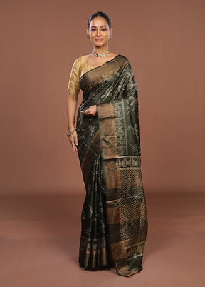 Green Handloom Tussar Pure Silk Saree With Blouse Piece