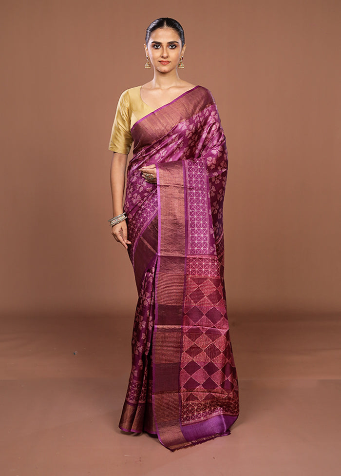 Pink Handloom Tussar Pure Silk Saree With Blouse Piece