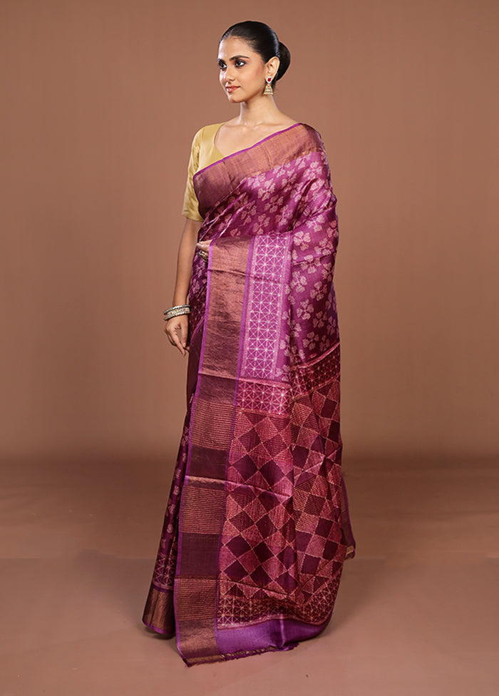 Pink Handloom Tussar Pure Silk Saree With Blouse Piece