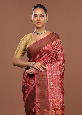 Pink Handloom Tussar Pure Silk Saree With Blouse Piece