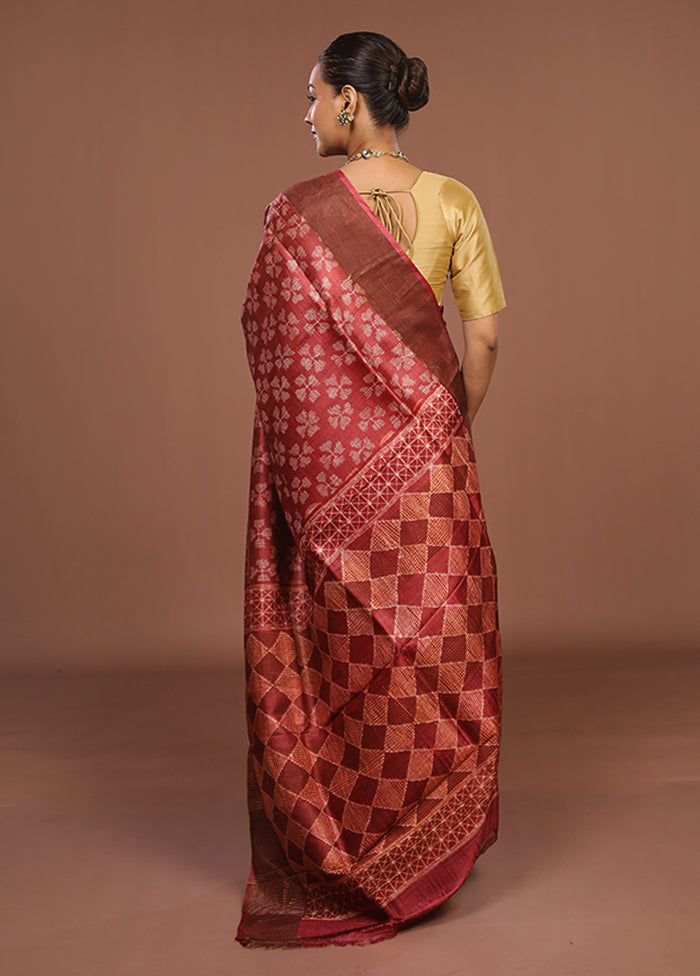 Pink Handloom Tussar Pure Silk Saree With Blouse Piece