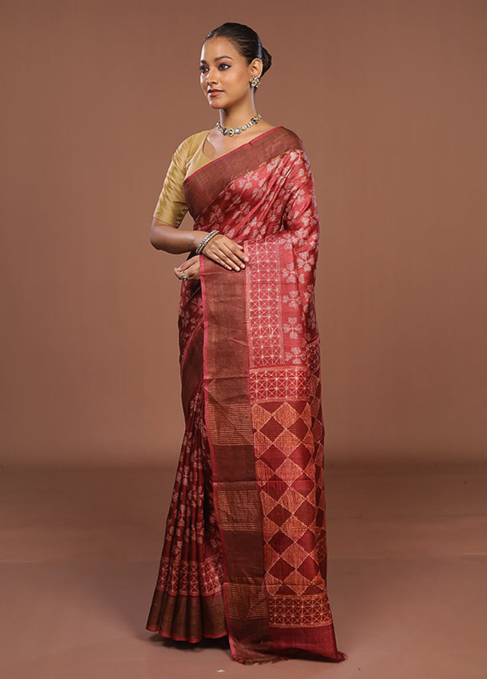 Pink Handloom Tussar Pure Silk Saree With Blouse Piece