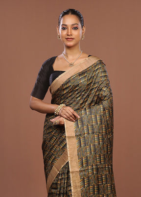Green Handloom Tussar Pure Silk Saree With Blouse Piece