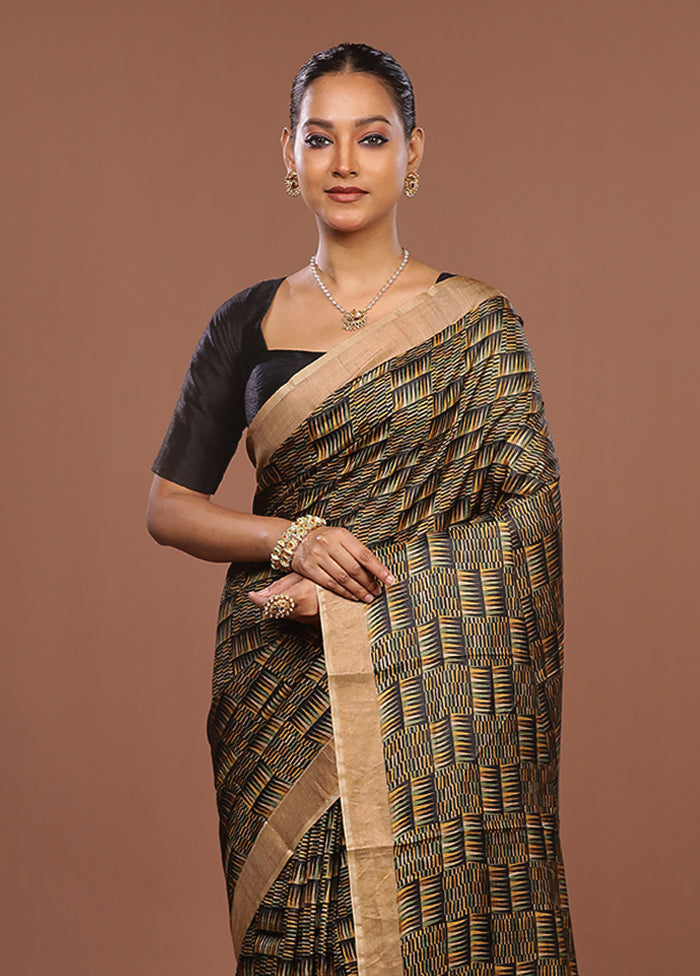 Green Handloom Tussar Pure Silk Saree With Blouse Piece