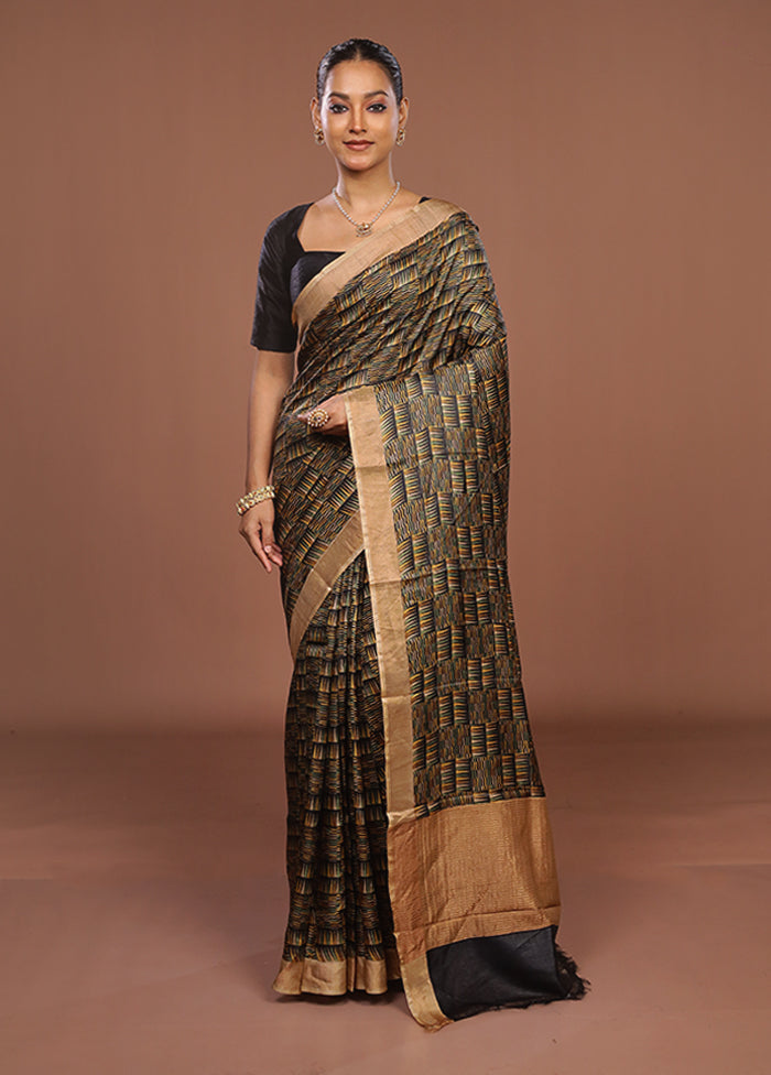 Green Handloom Tussar Pure Silk Saree With Blouse Piece