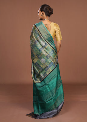 Green Handloom Tussar Pure Silk Saree With Blouse Piece