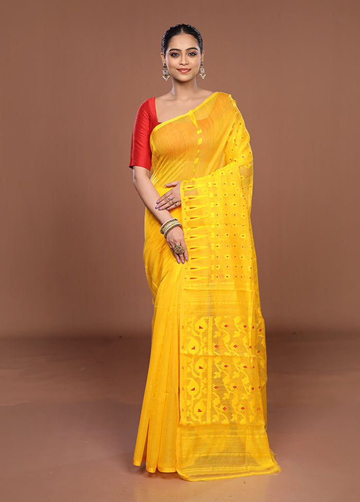 Yellow Jamdani Cotton Saree Without Blouse Piece