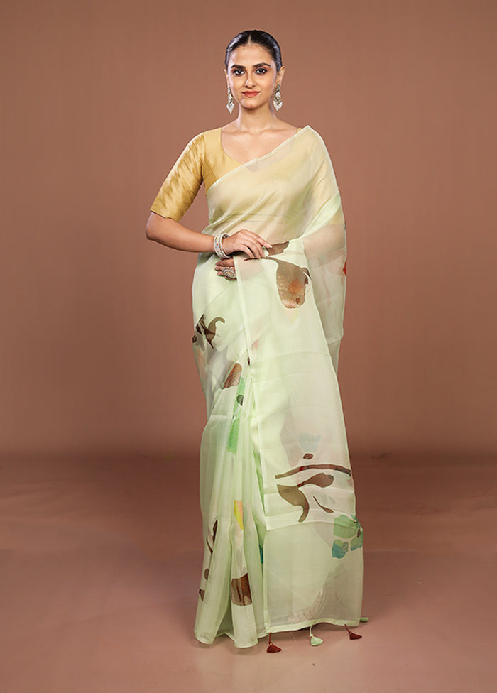 Green Handloom Pure Organza Saree With Blouse Piece
