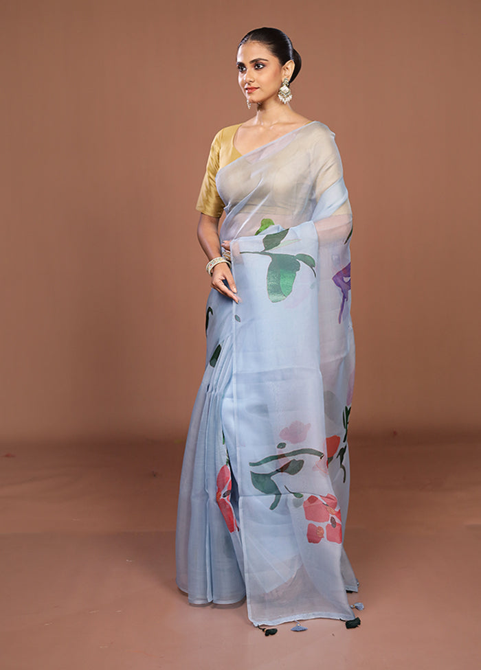Blue Handloom Pure Organza Saree With Blouse Piece