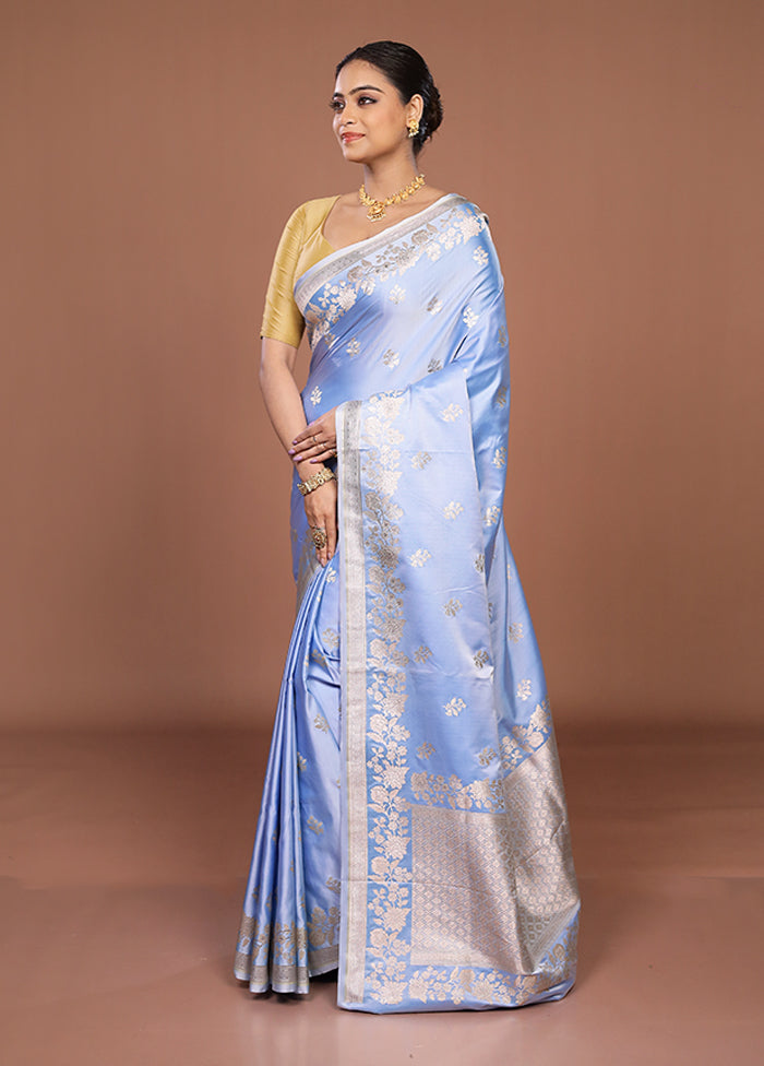 Blue Katan Silk Saree With Blouse Piece