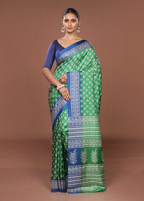 Green Chanderi Cotton Saree With Blouse Piece