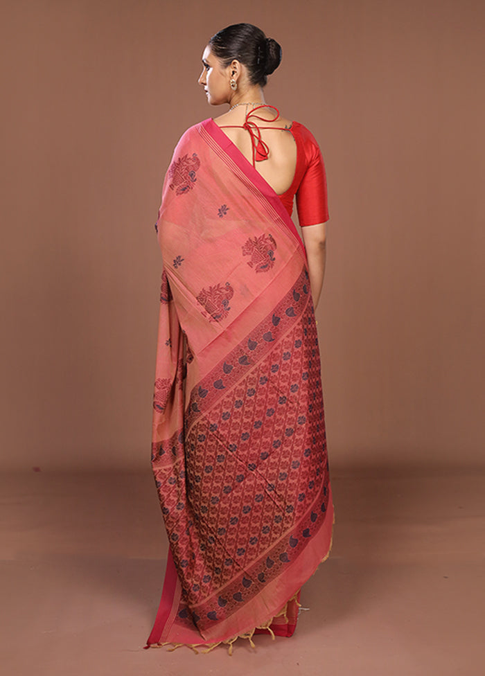 Maroon Cotton Saree With Blouse Piece