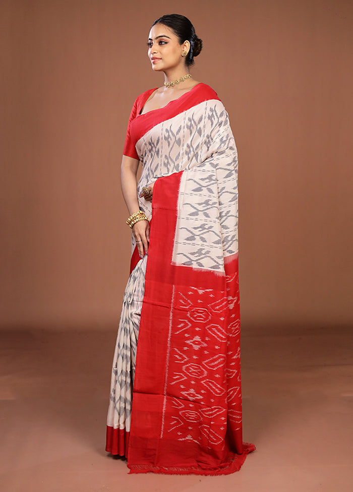 White Ikkat Silk Saree With Blouse Piece
