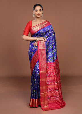 Blue Handloom Ikkat Pure Silk Saree With Blouse Piece