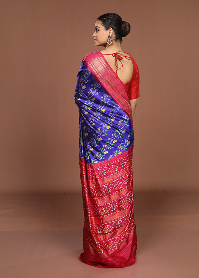 Blue Handloom Ikkat Pure Silk Saree With Blouse Piece