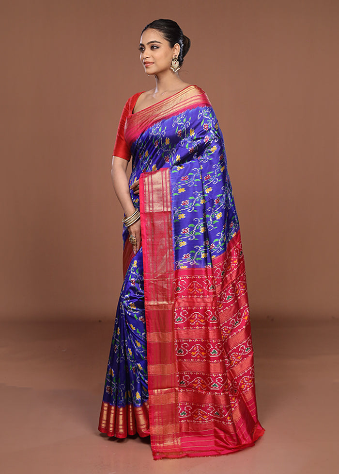 Blue Handloom Ikkat Pure Silk Saree With Blouse Piece