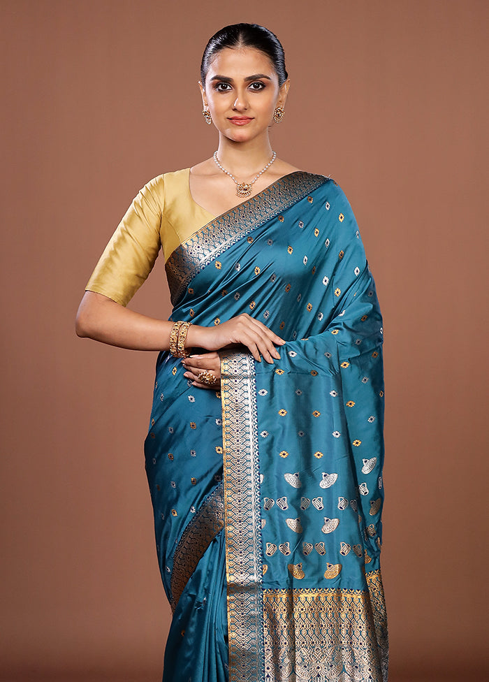 Blue Assam Silk Saree With Blouse Piece