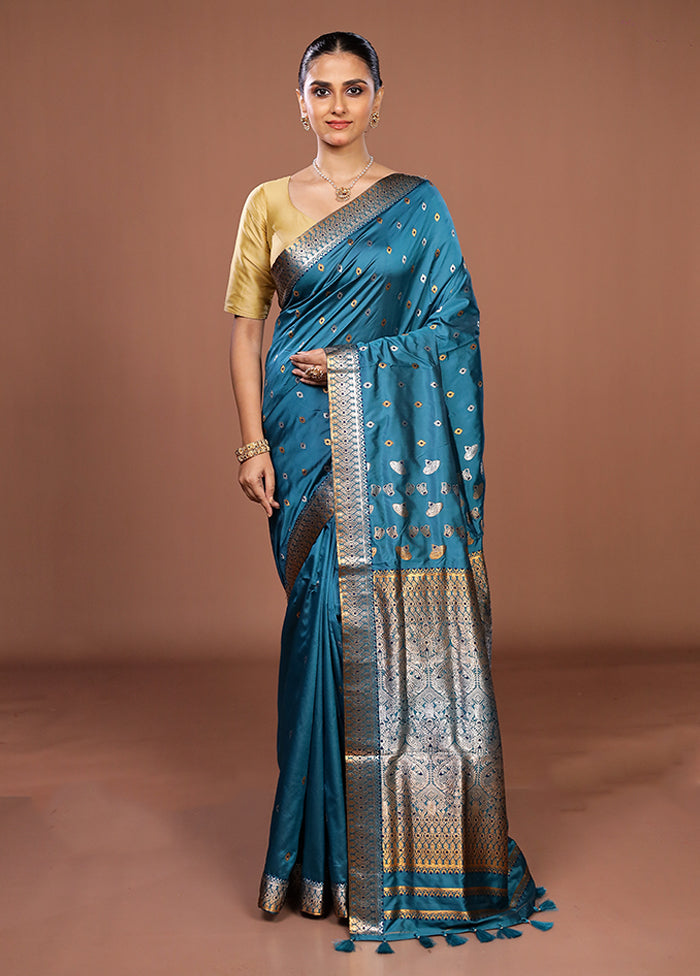 Blue Assam Silk Saree With Blouse Piece