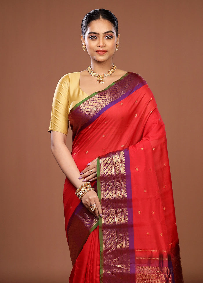 Red Gadwal Pure Silk Saree Without Blouse Piece