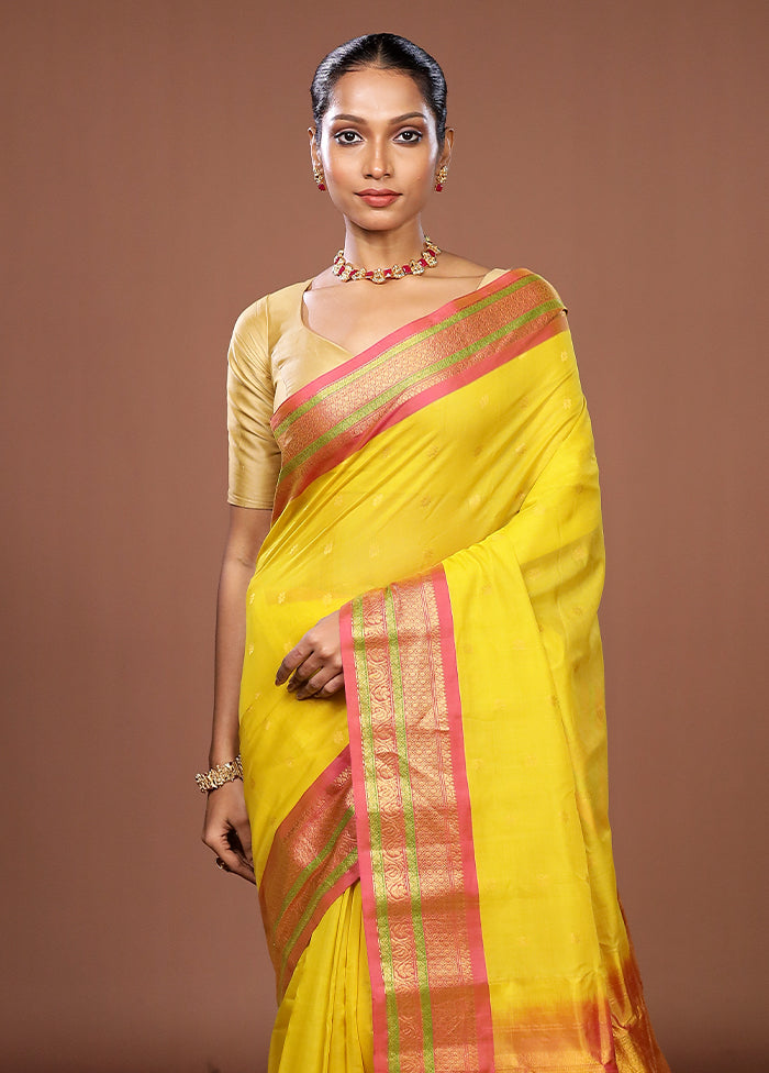 Yellow Gadwal Pure Silk Saree Without Blouse Piece