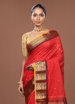 Red Gadwal Pure Silk Saree Without Blouse Piece