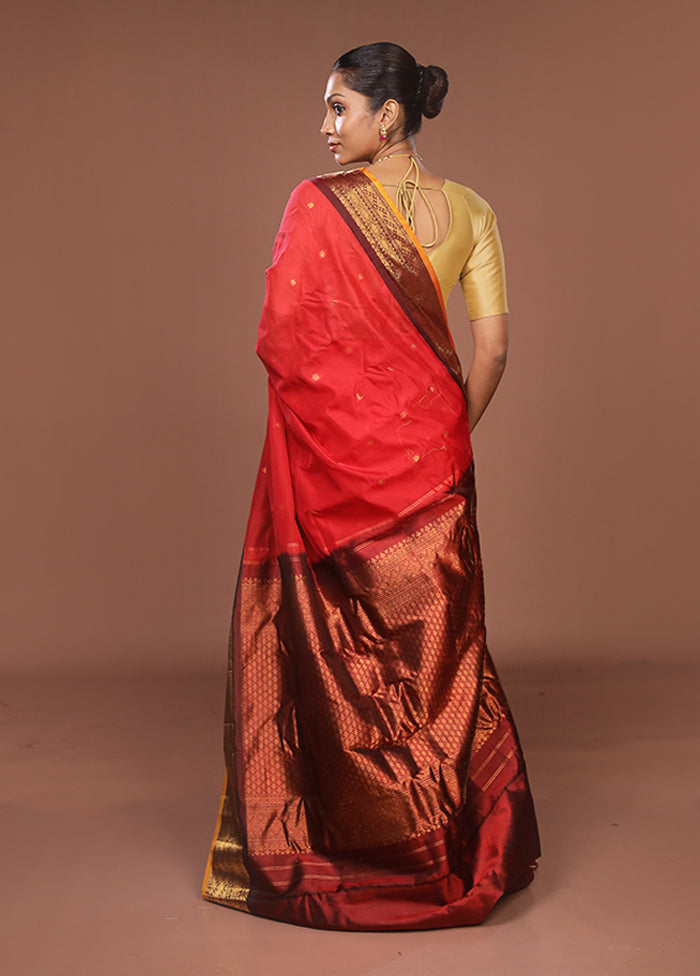 Red Gadwal Pure Silk Saree Without Blouse Piece