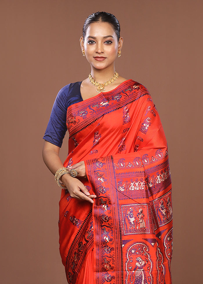 Orange Handloom Baluchari Pure Silk Saree With Blouse Piece