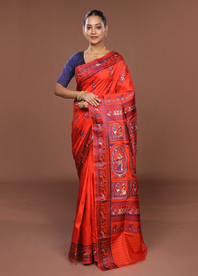 Orange Handloom Baluchari Pure Silk Saree With Blouse Piece