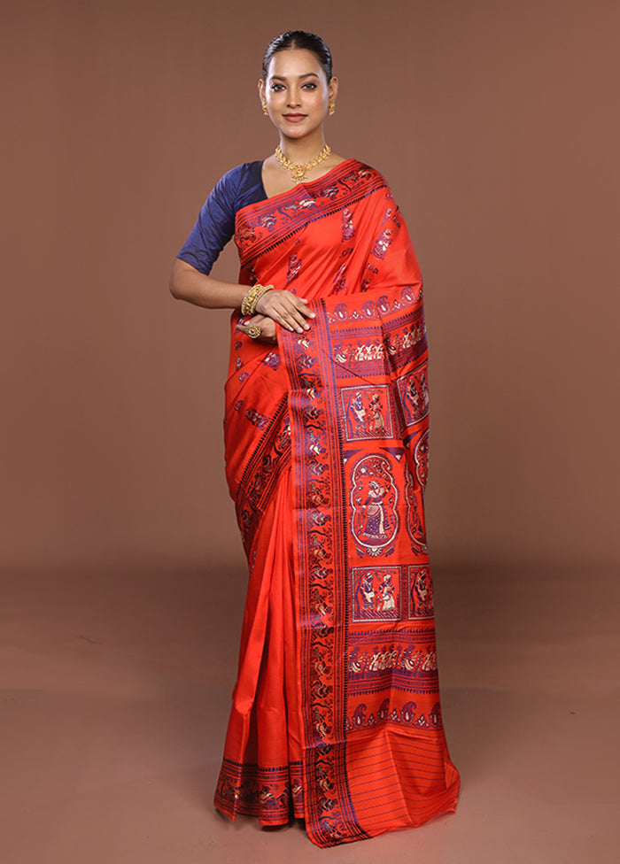 Orange Handloom Baluchari Pure Silk Saree With Blouse Piece