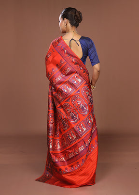 Orange Handloom Baluchari Pure Silk Saree With Blouse Piece