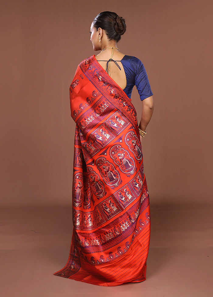 Orange Handloom Baluchari Pure Silk Saree With Blouse Piece