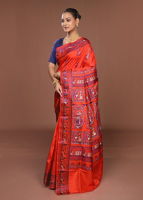 Orange Handloom Baluchari Pure Silk Saree With Blouse Piece