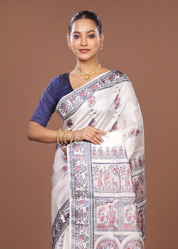 White Handloom Baluchari Pure Silk Saree With Blouse Piece