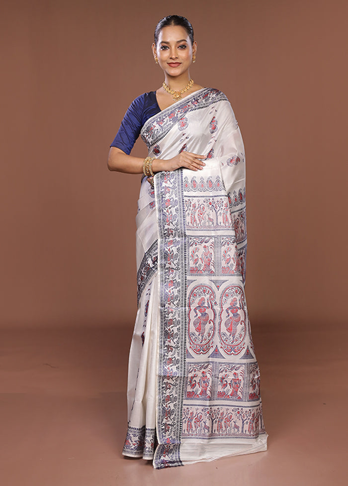 White Handloom Baluchari Pure Silk Saree With Blouse Piece