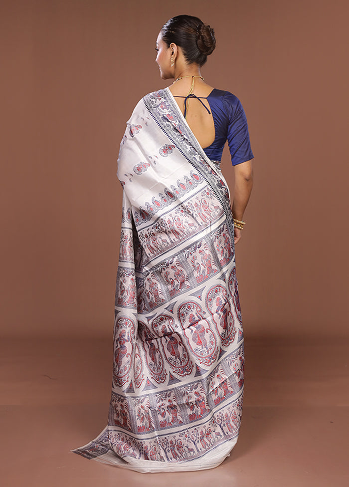White Handloom Baluchari Pure Silk Saree With Blouse Piece