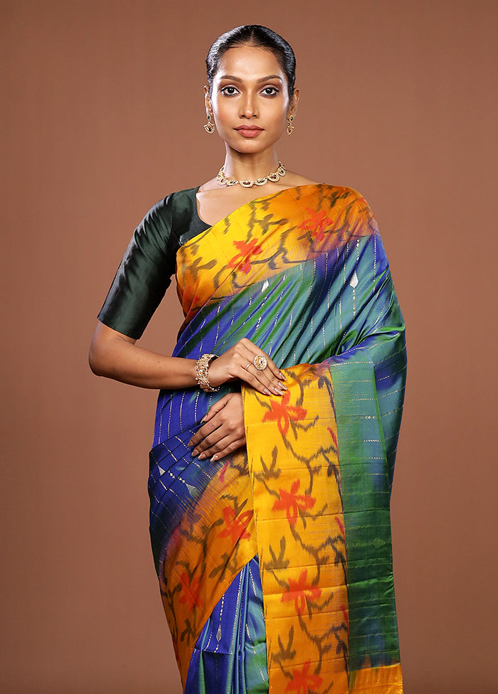 Blue Handloom Kanchipuram Pure Silk Saree With Blouse Piece