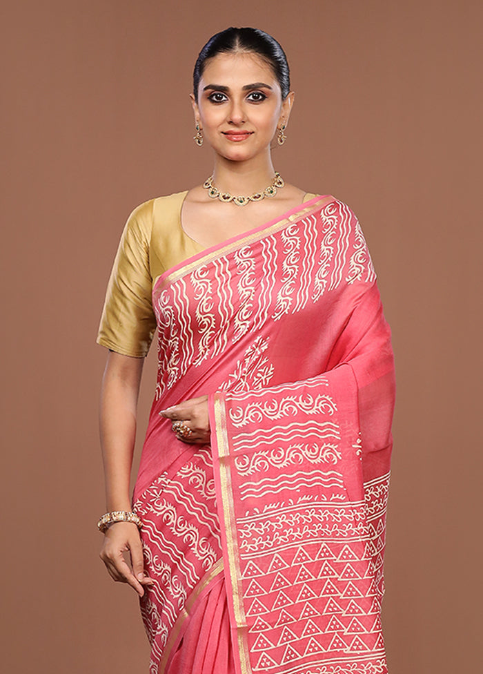 Pink Chanderi Silk Saree With Blouse Piece
