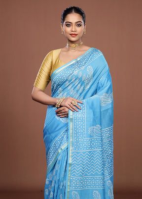 Blue Chanderi Silk Saree With Blouse Piece