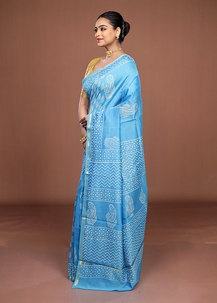 Blue Chanderi Silk Saree With Blouse Piece