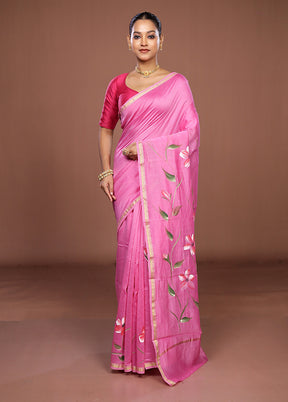 Pink Chanderi Silk Saree With Blouse Piece