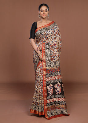 White Chanderi Silk Saree With Blouse Piece