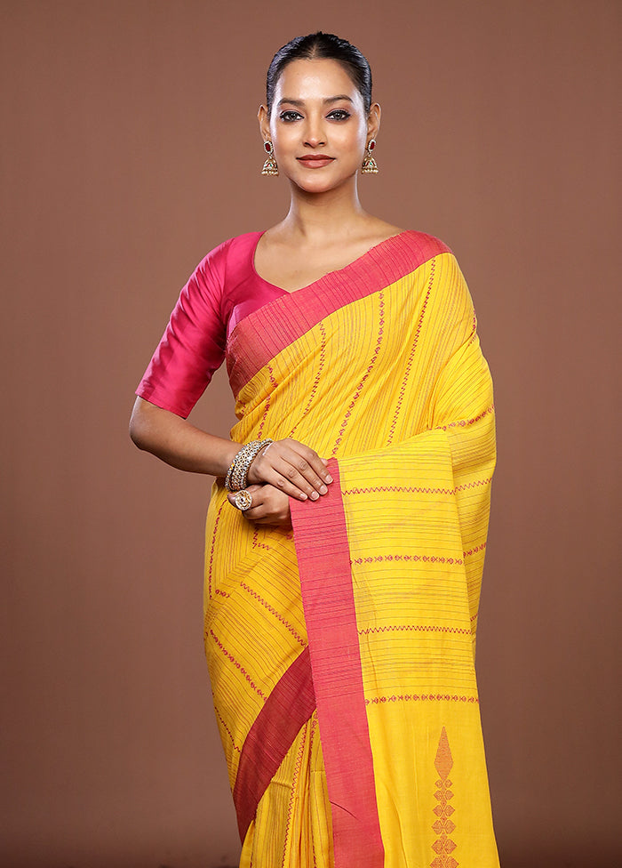 Yellow Matka Silk Saree With Blouse Piece