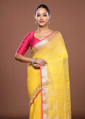 Yellow Linen Silk Saree With Blouse Piece