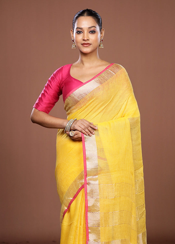 Yellow Linen Silk Saree With Blouse Piece