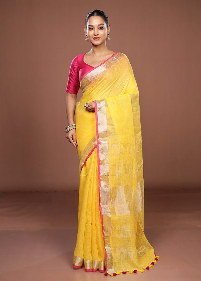 Yellow Linen Silk Saree With Blouse Piece