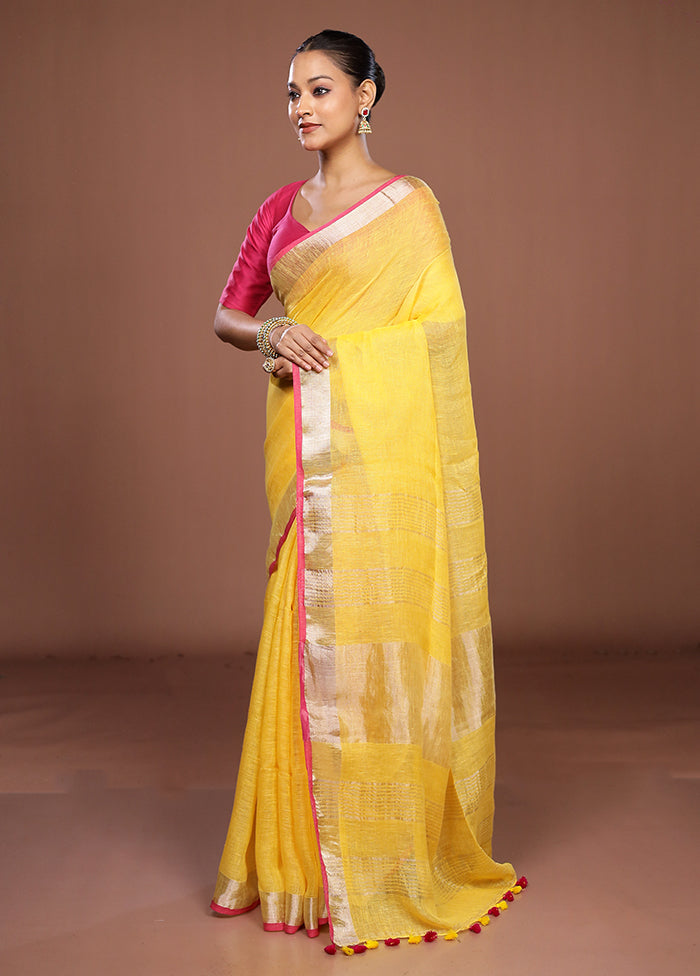 Yellow Linen Silk Saree With Blouse Piece