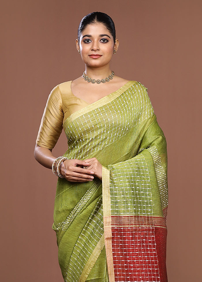 Green Linen Silk Saree With Blouse Piece