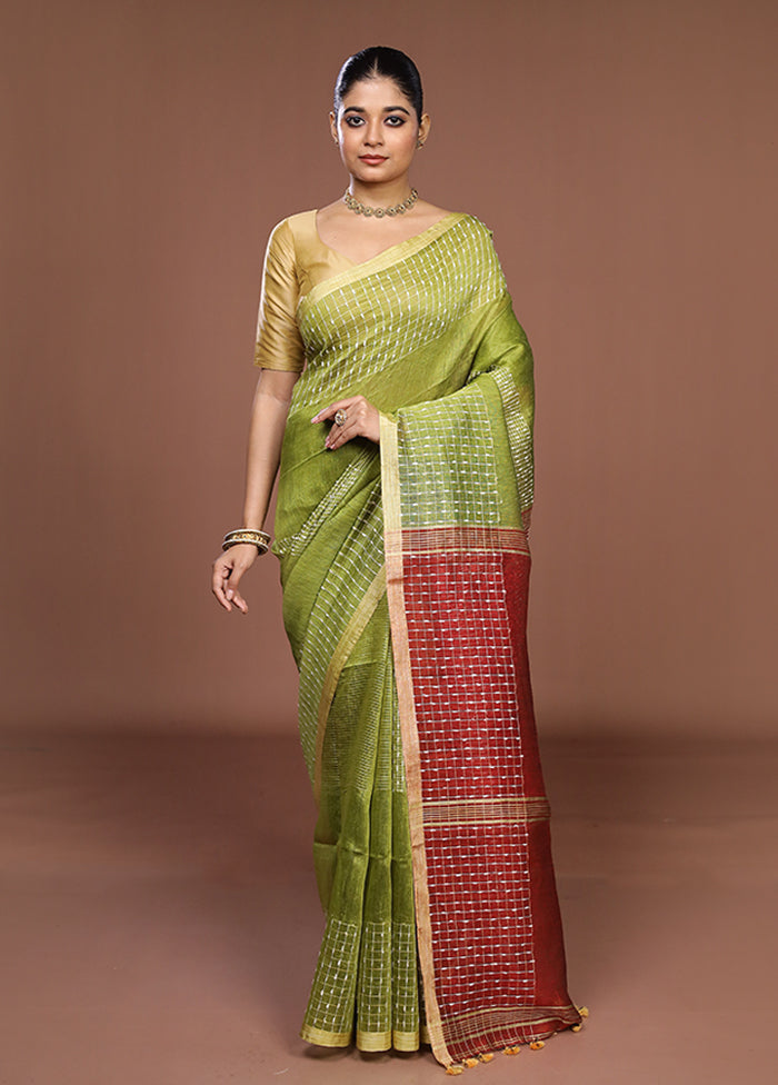 Green Linen Silk Saree With Blouse Piece