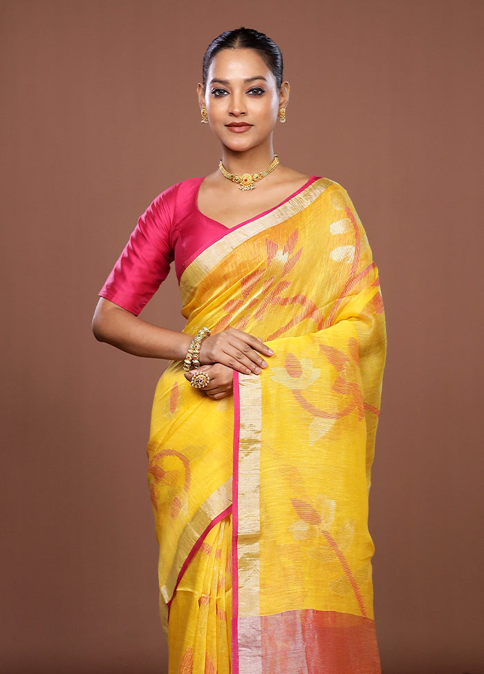 Yellow Handloom Matka Pure Silk Saree With Blouse Piece